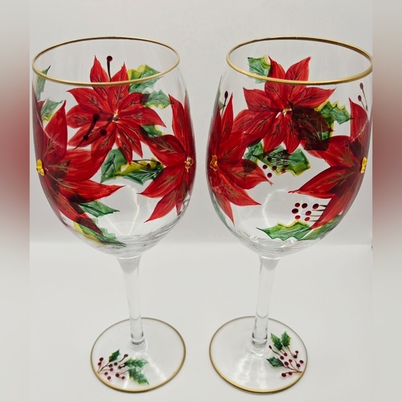 Hand Painted Poinsettia Wine Glasses with Gold Trim – Christmas Set of 2 - Picture 2 of 8